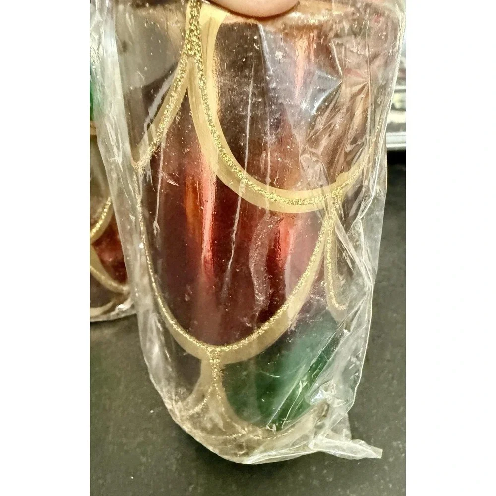 Vtg Candele Firenze Pillar Candles NOS Red Green Gold Set of 2 Made In Poland